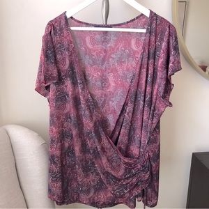 Reitmans 2X or 1X Faux Wrap Sparke Burgundy Ombre Shirt Blouse Short Sleeve